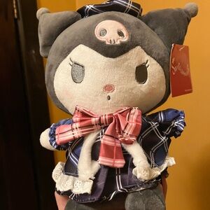 Kuromi-Style Grey Plush Doll with Navy Plaid Dress and Pink Bow